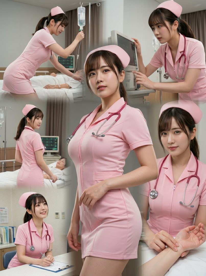 A collage of AI-generated images featuring a young woman in a pink nurse uniform, posing in various hospital settings.