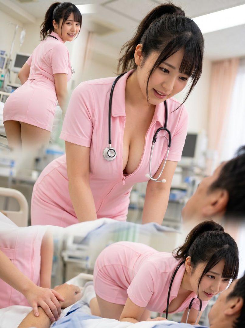 A nurse in a pink uniform with a stethoscope poses in a hospital setting, with multiple views showing her from different angles.