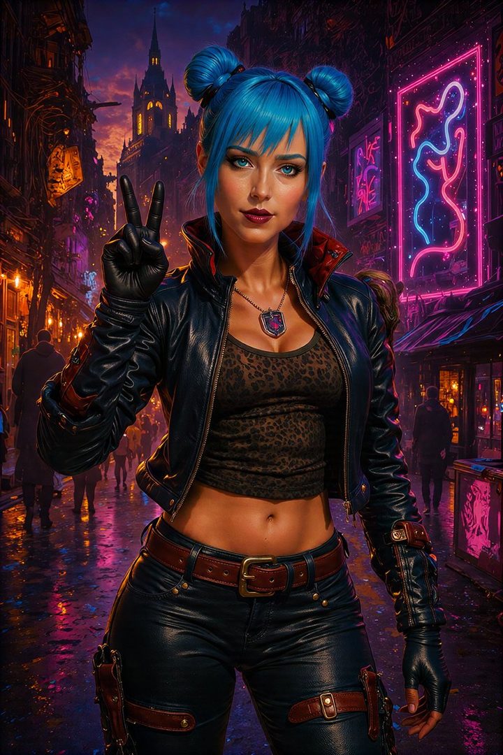A woman with bright blue hair styled in twin buns, wearing a black leather jacket and leopard print top, poses with a peace sign in a neon-lit cyberpunk city at night.