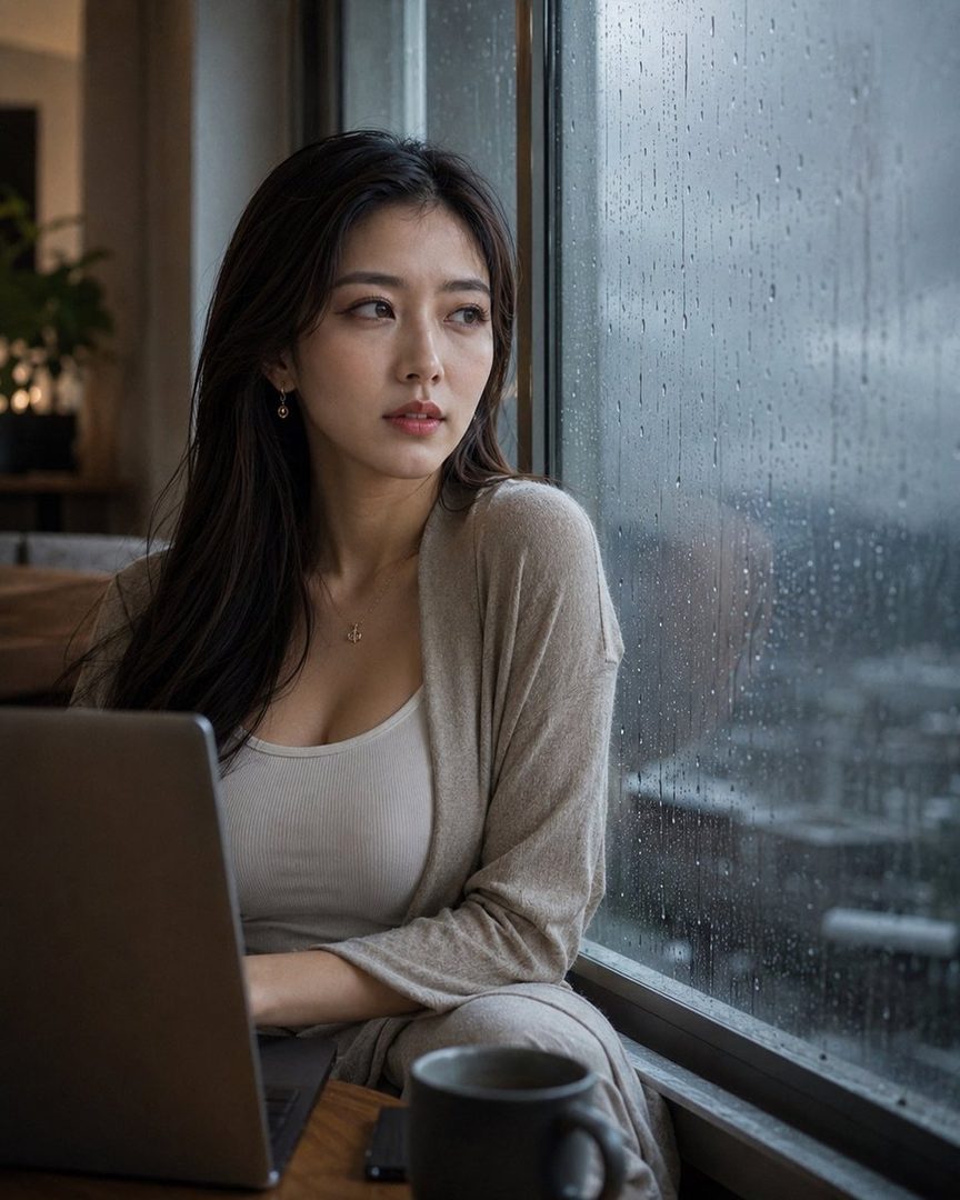 A woman with long dark hair looks out a rainy window while working on a laptop indoors.