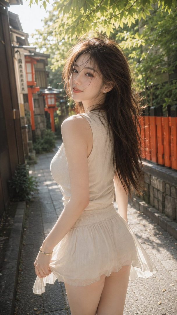 A young woman with long brown hair, wearing a light-colored dress, poses on a sun-dappled street with traditional Japanese architecture in the background.