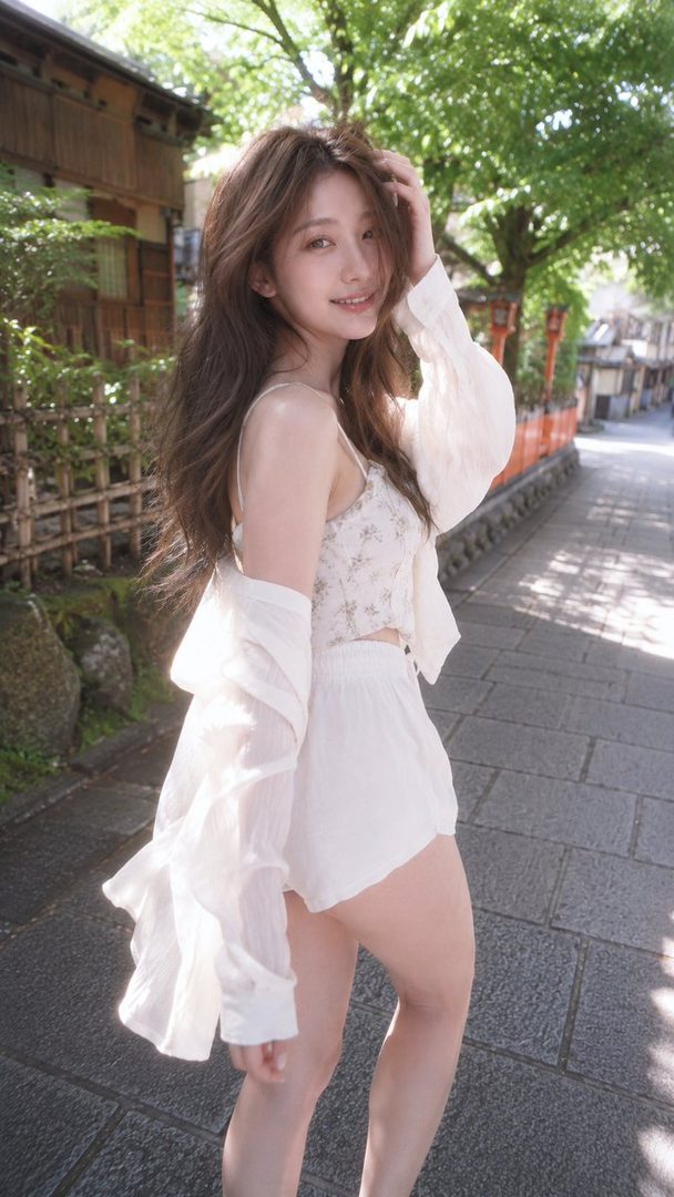 A young East Asian woman with long brown hair smiles as she walks down a sun-dappled street in a traditional Japanese town, wearing a white floral camisole and shorts with a sheer white shirt.