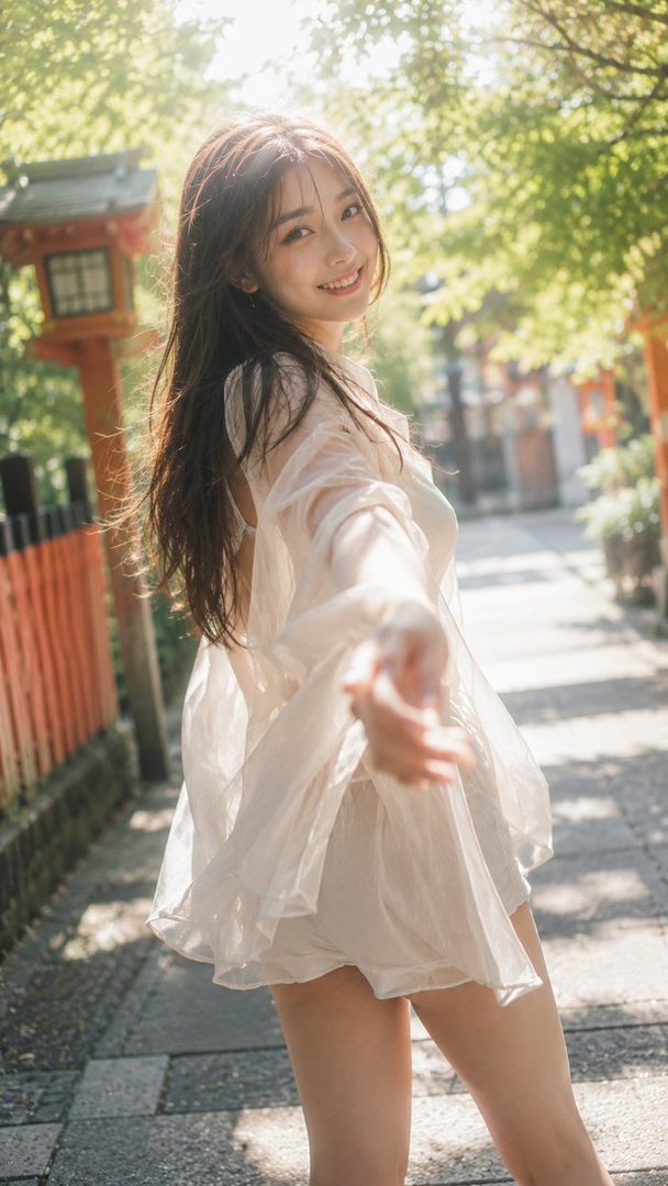 A young woman with long brown hair smiles as she walks down a sun-dappled path lined with traditional Japanese torii gates.