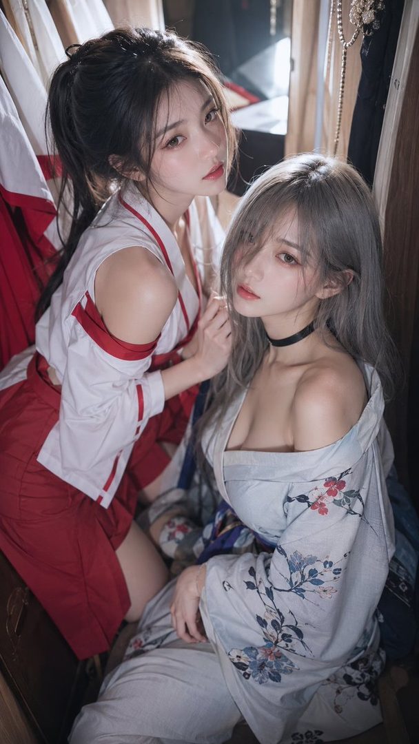 Two AI-generated young women in traditional Japanese-inspired outfits, one in a red skirt and white top with ponytail, the other in a floral kimono with grey hair.