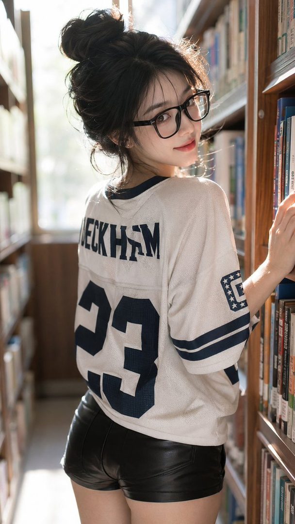 A young woman with black hair in a bun, wearing glasses and a sports jersey, poses in a library.