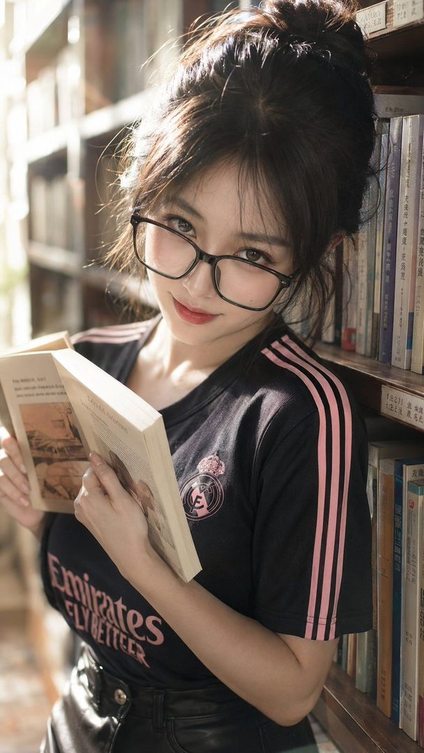 A young woman with dark hair tied up, wearing glasses and a black t-shirt, holds an open book in a library setting.