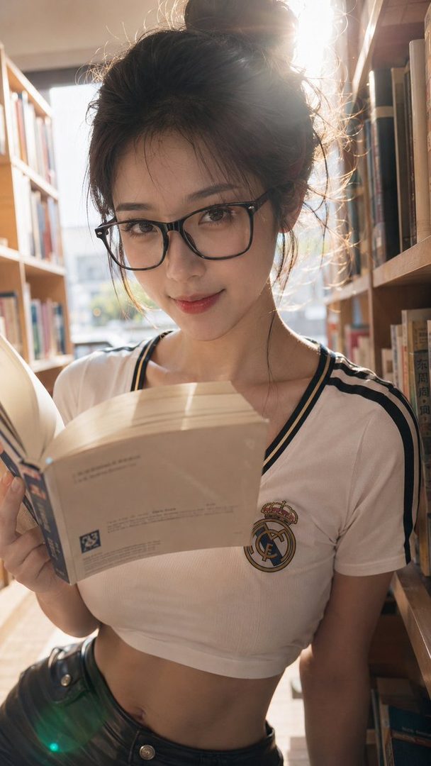 A young woman with her hair in a bun, wearing glasses and a white t-shirt, reads a book in a library.