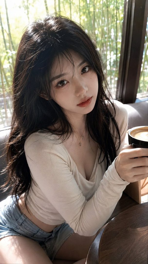 A young East Asian woman with long, dark hair sits indoors, holding a cup of coffee, wearing a light-colored long-sleeved shirt and denim shorts.