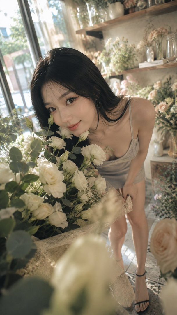A beautiful East Asian woman with long black hair poses with a bouquet of white roses in a flower shop, wearing a delicate silver slip dress.