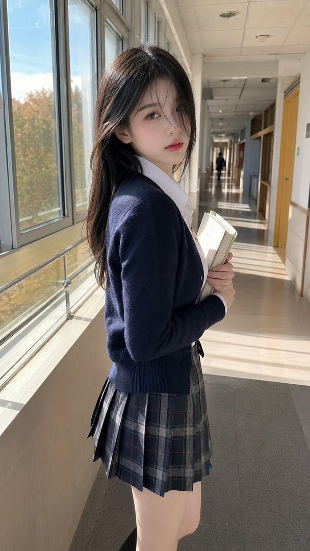 A young East Asian woman in a school uniform, consisting of a navy cardigan, white shirt, and plaid skirt, stands in a school hallway holding books.