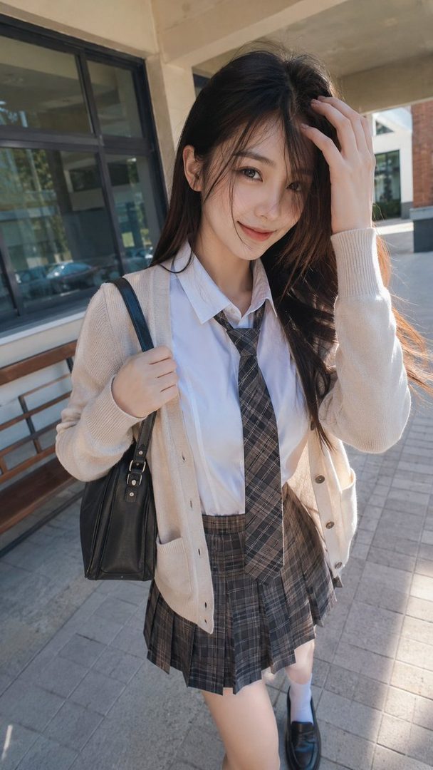 A young East Asian woman in a school uniform, including a white shirt, tie, plaid skirt, and cardigan, poses outdoors with her hand in her hair.