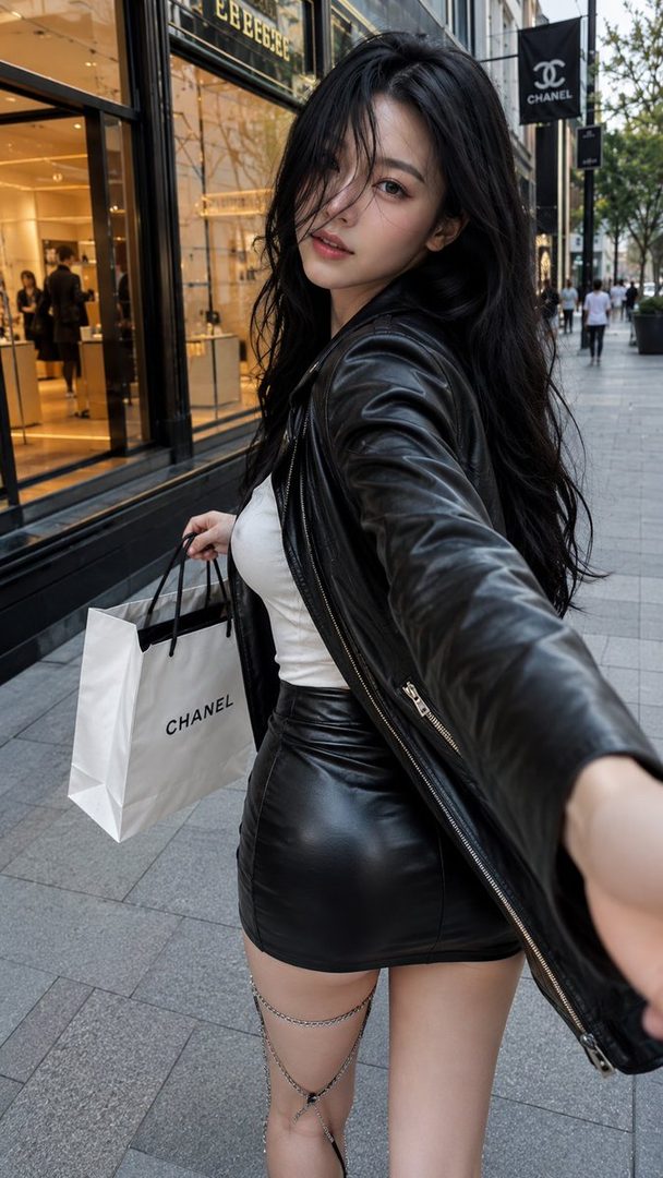 A young woman with long black hair, wearing a black leather jacket and skirt, walks down a city street holding a Chanel shopping bag.