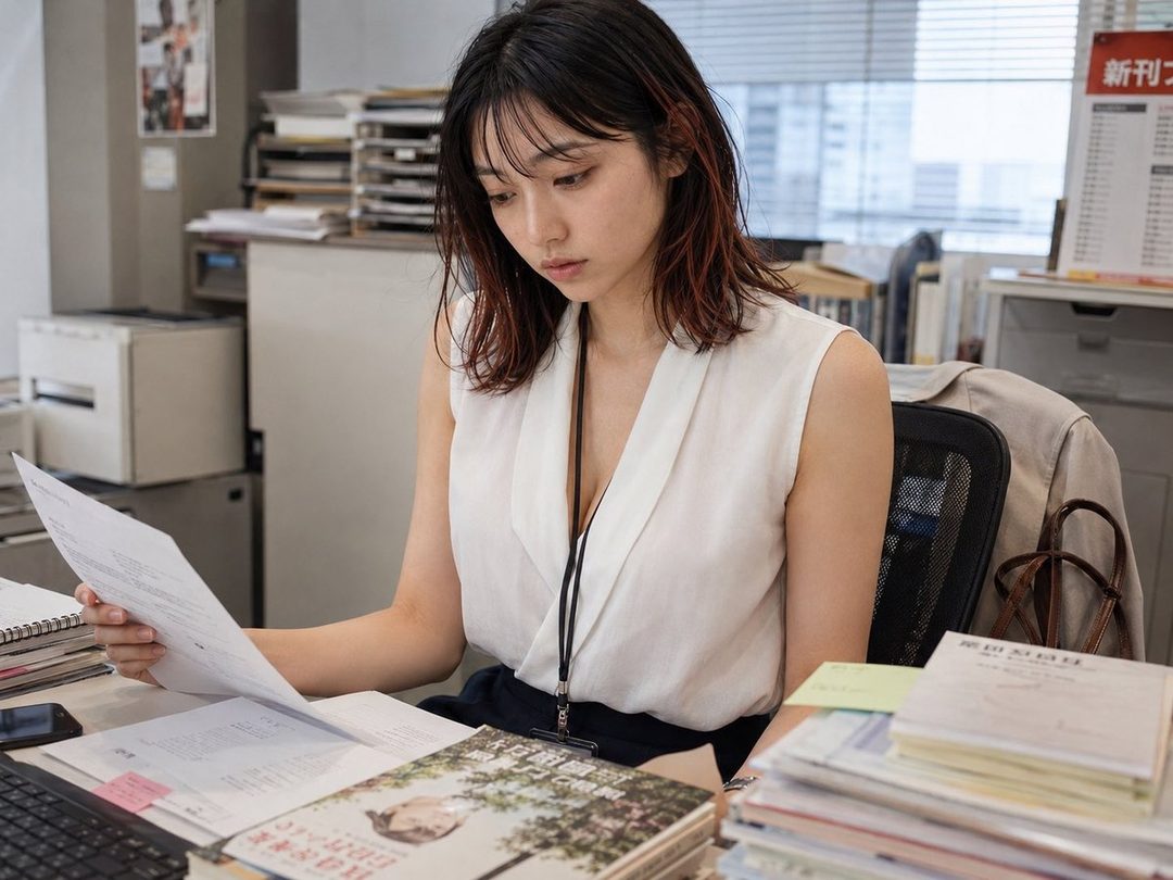 A young woman with dark hair and red highlights, wearing a white sleeveless blouse, is focused on reading documents at her office desk.