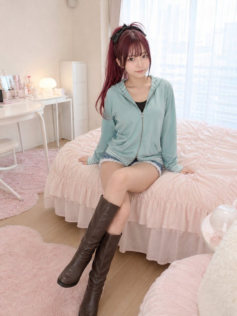 A young woman with red hair tied in a ponytail, wearing a light blue zip-up hoodie and denim shorts, sits on a bed in a room with pink accents.