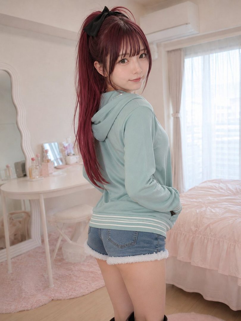 A young woman with long, dark red hair tied in a high ponytail with a black bow, wearing a light blue hoodie and denim shorts, poses indoors.