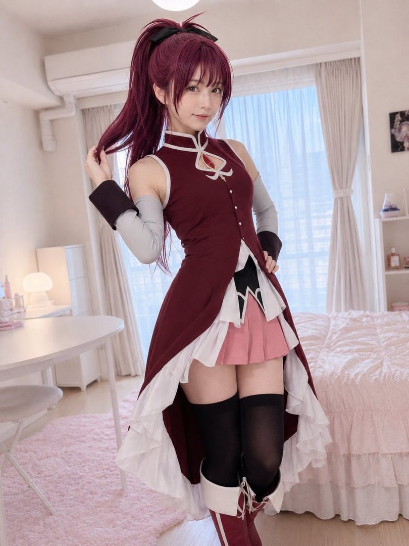 A young woman in a red and white cosplay outfit with a high ponytail poses indoors.