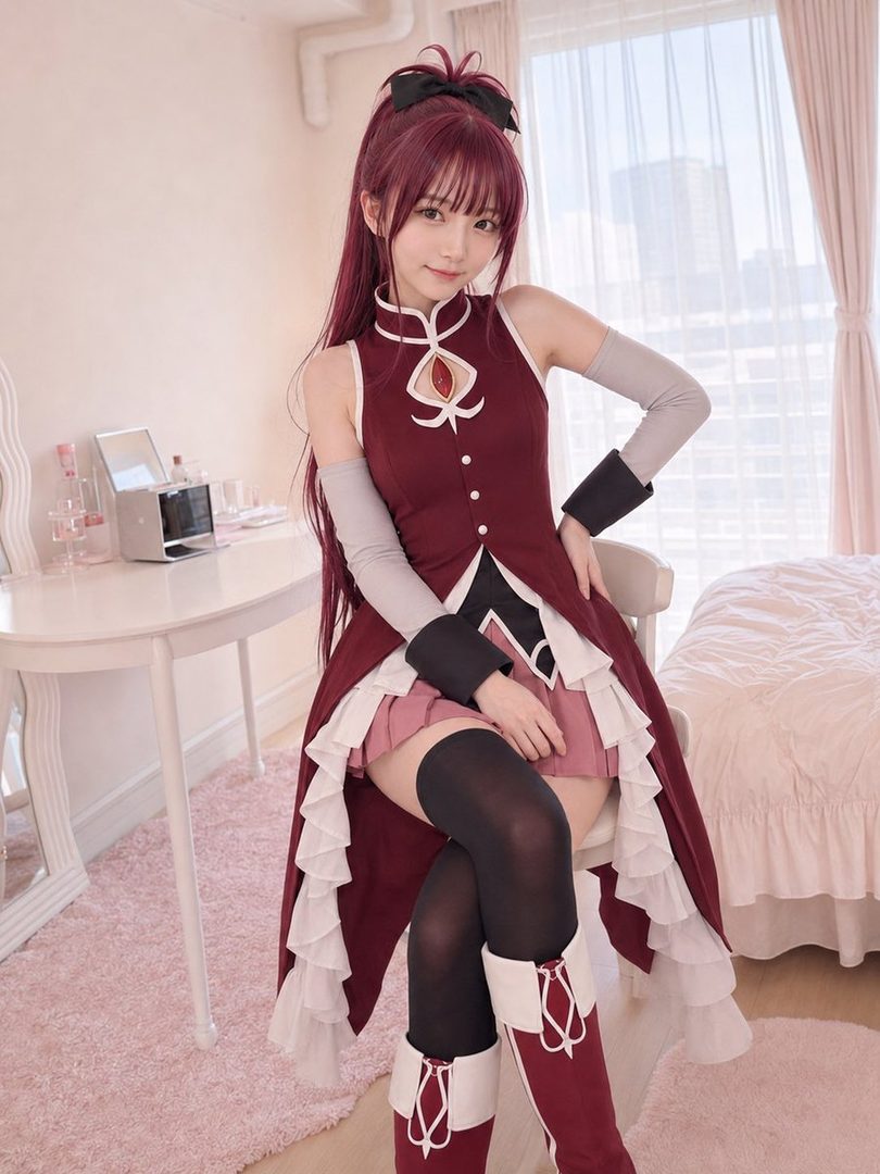 A young woman in a red and white anime-style cosplay outfit with a high ponytail, posing indoors.