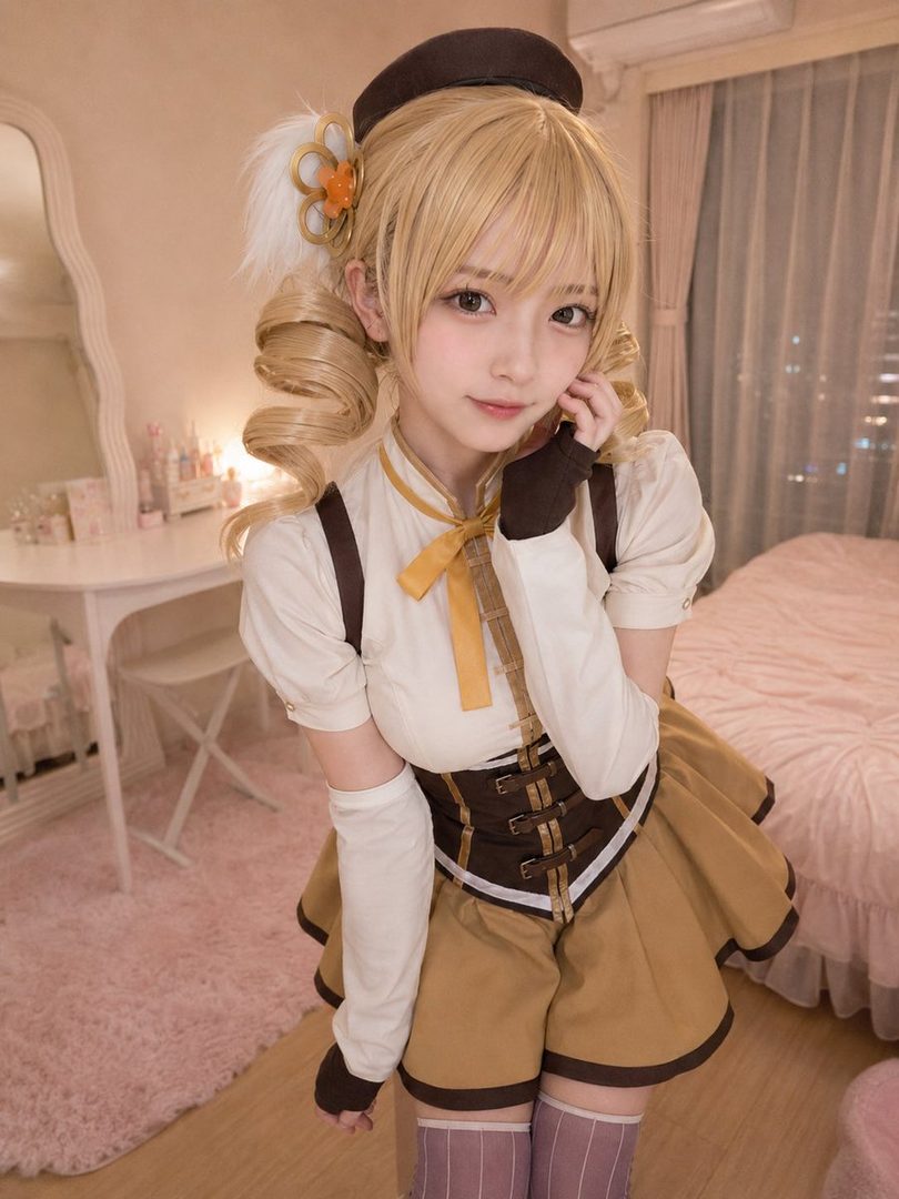 A young woman in a blonde wig and a cute outfit, posing indoors.