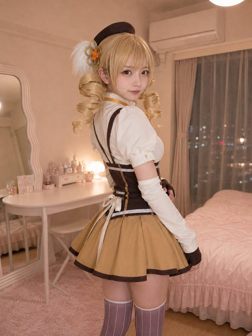 A young woman in a brown and white cosplay outfit with blonde twintails poses indoors.