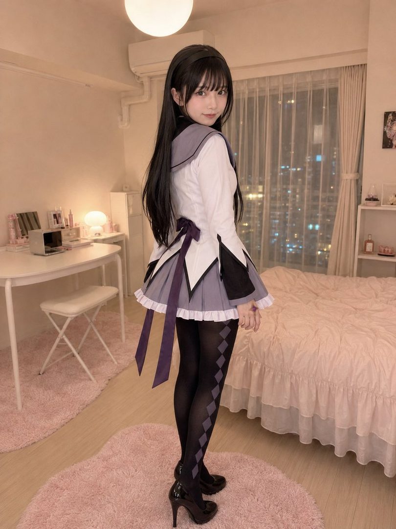 A young woman in a Japanese school uniform-style cosplay outfit poses indoors.