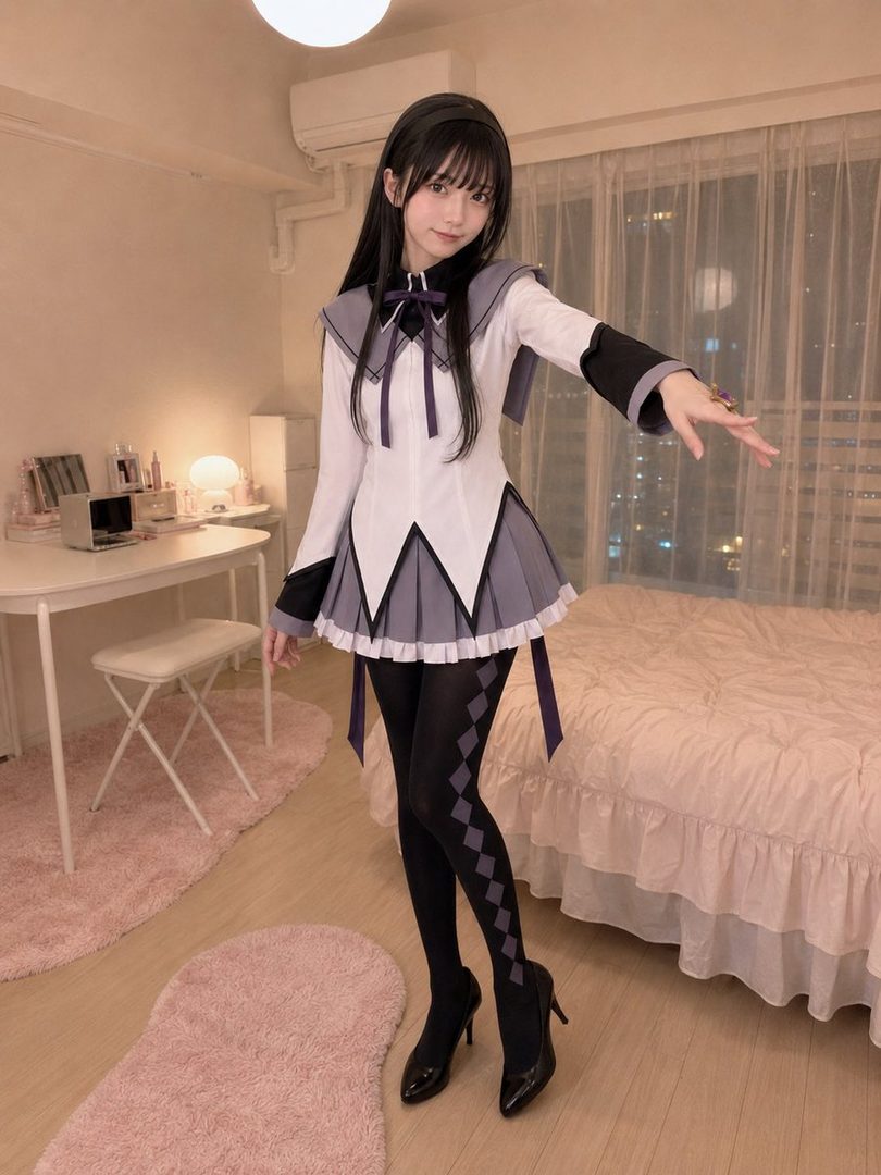 A young woman in a school uniform cosplay poses in a bedroom, with a bed and desk visible.