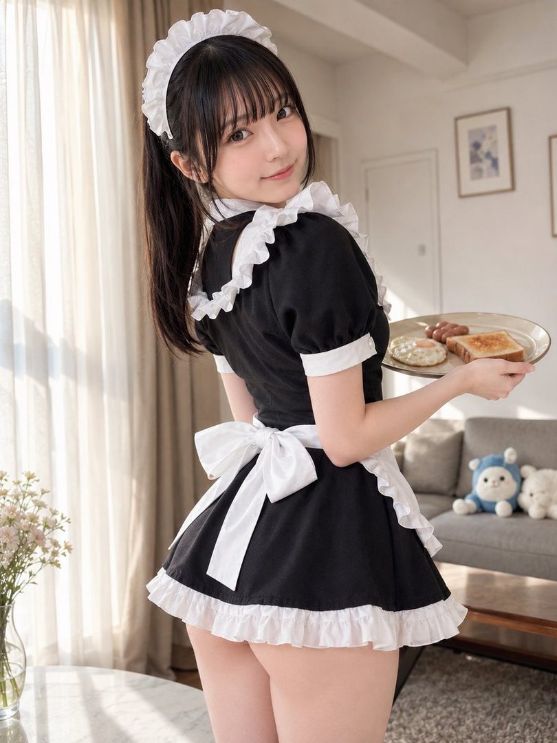 A young woman in a black and white maid outfit with a ruffled skirt and apron, holding a plate of breakfast, smiles at the camera.