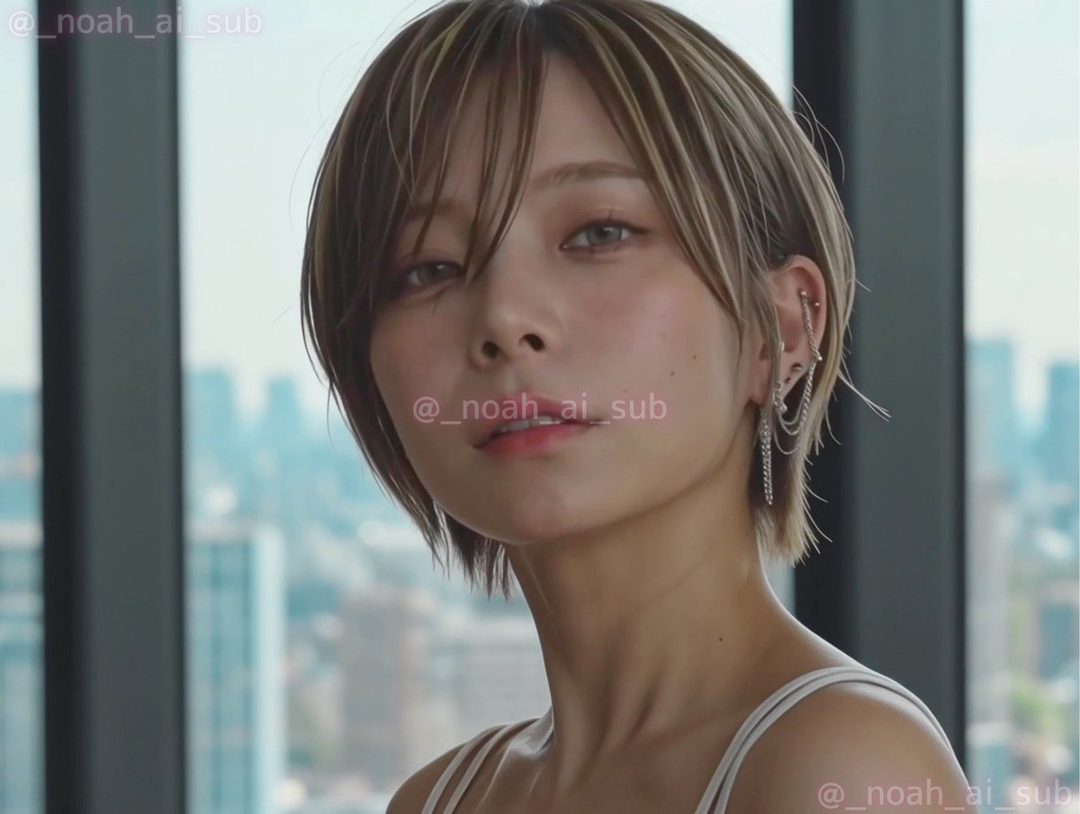 A woman with short blonde highlighted hair and chain earrings looks calmly at the camera, with a city view in the background.
