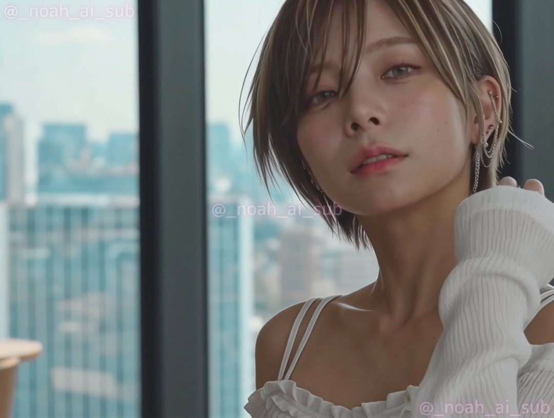 A woman with short brown hair and multiple ear piercings wears a white top, looking calmly at the camera with a city view in the background.