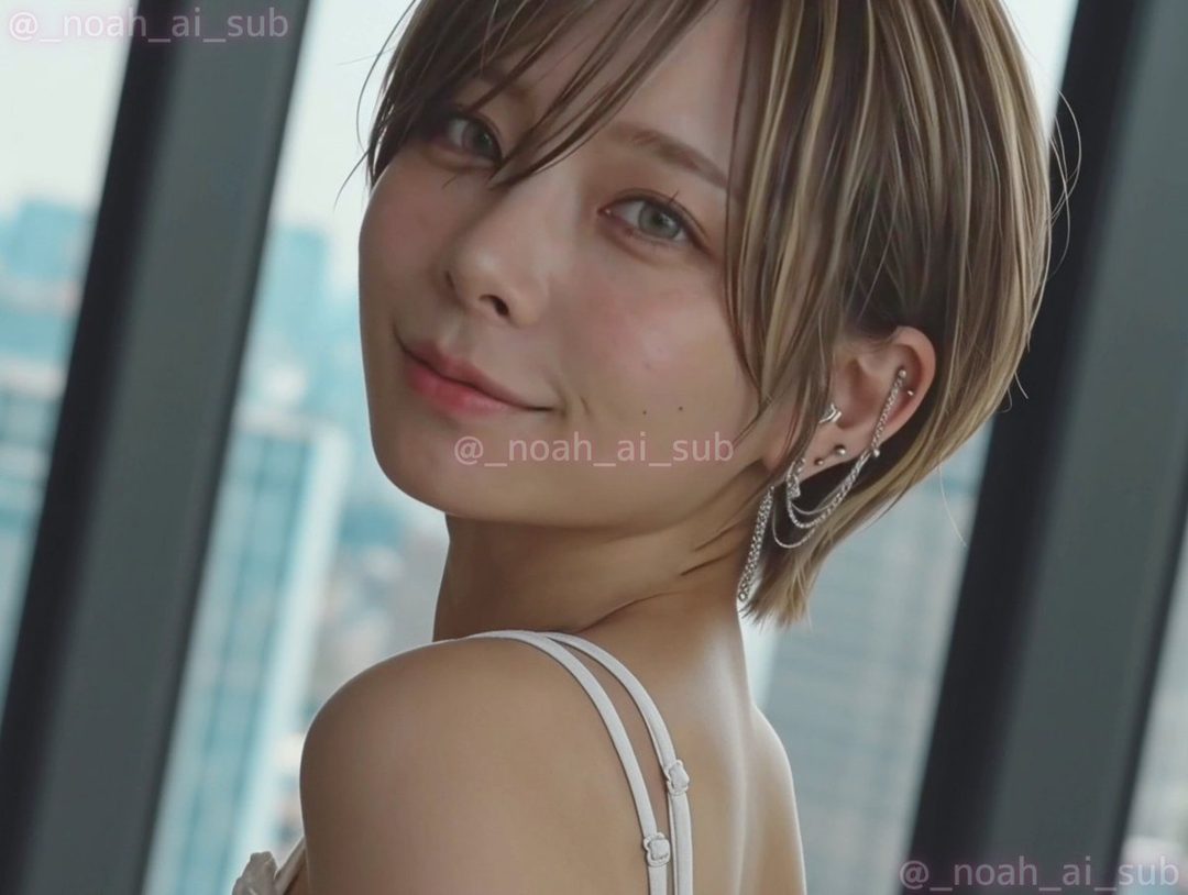 A woman with short blonde-highlighted hair and chain earrings smiles gently while looking over her shoulder, with a city view in the blurred background.