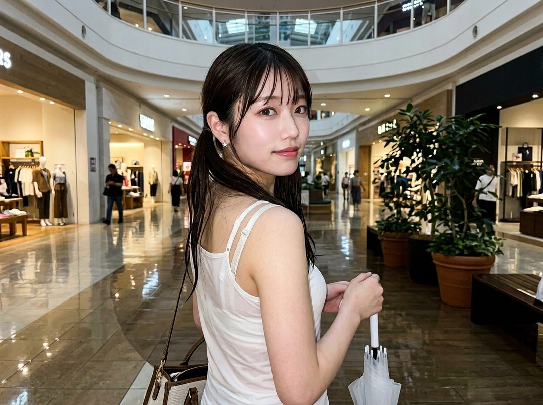 A young woman with dark hair in pigtails, wearing a white tank top, stands in a shopping mall, holding a closed umbrella.