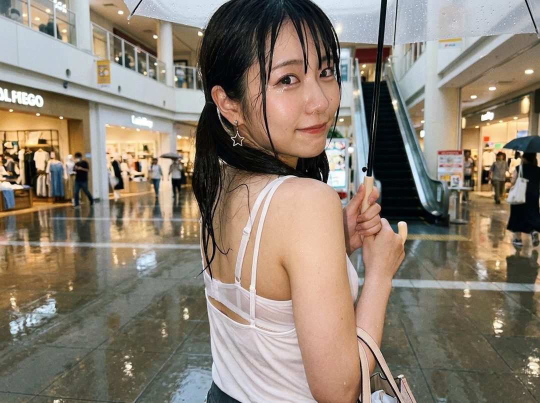 A young woman with wet hair and a star earring holds an umbrella while looking over her shoulder in a shopping mall.