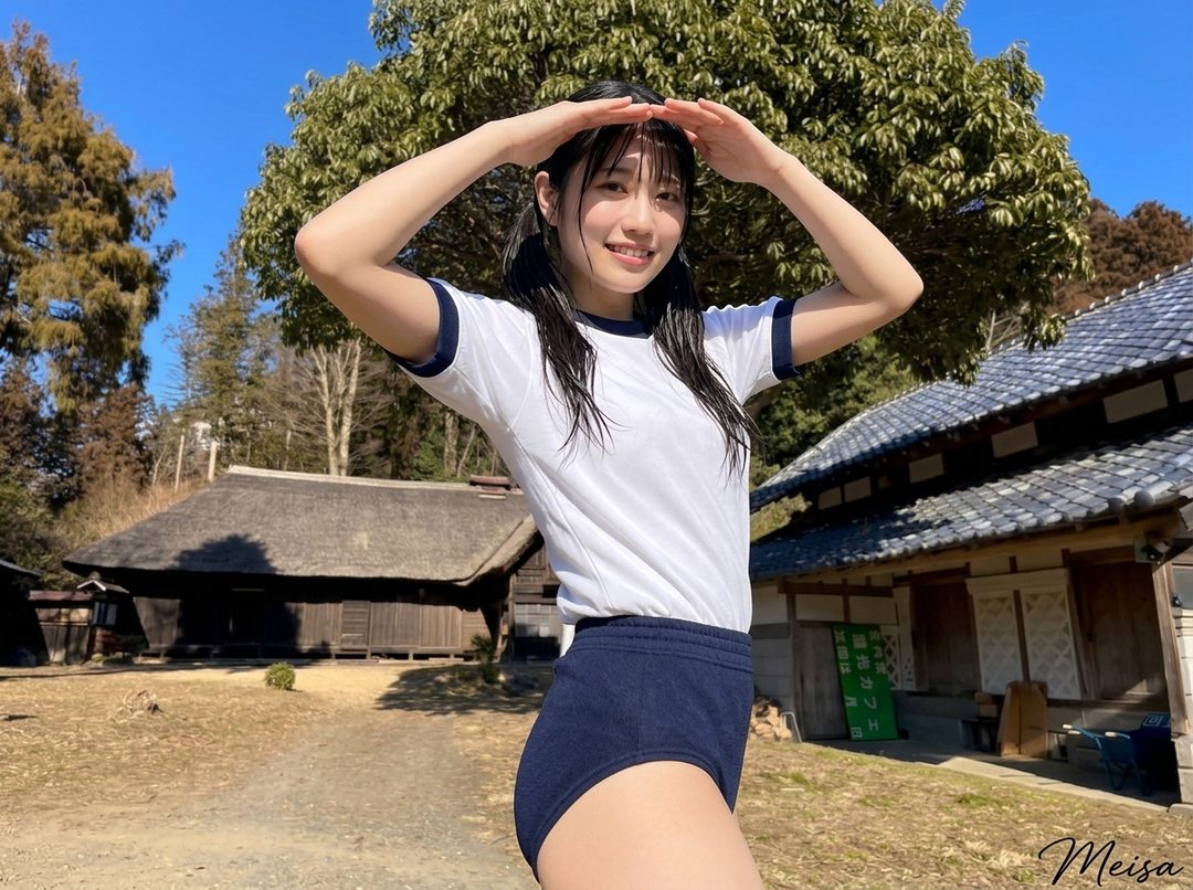 A young woman in a white and navy blue gym uniform poses outdoors in front of traditional Japanese buildings.