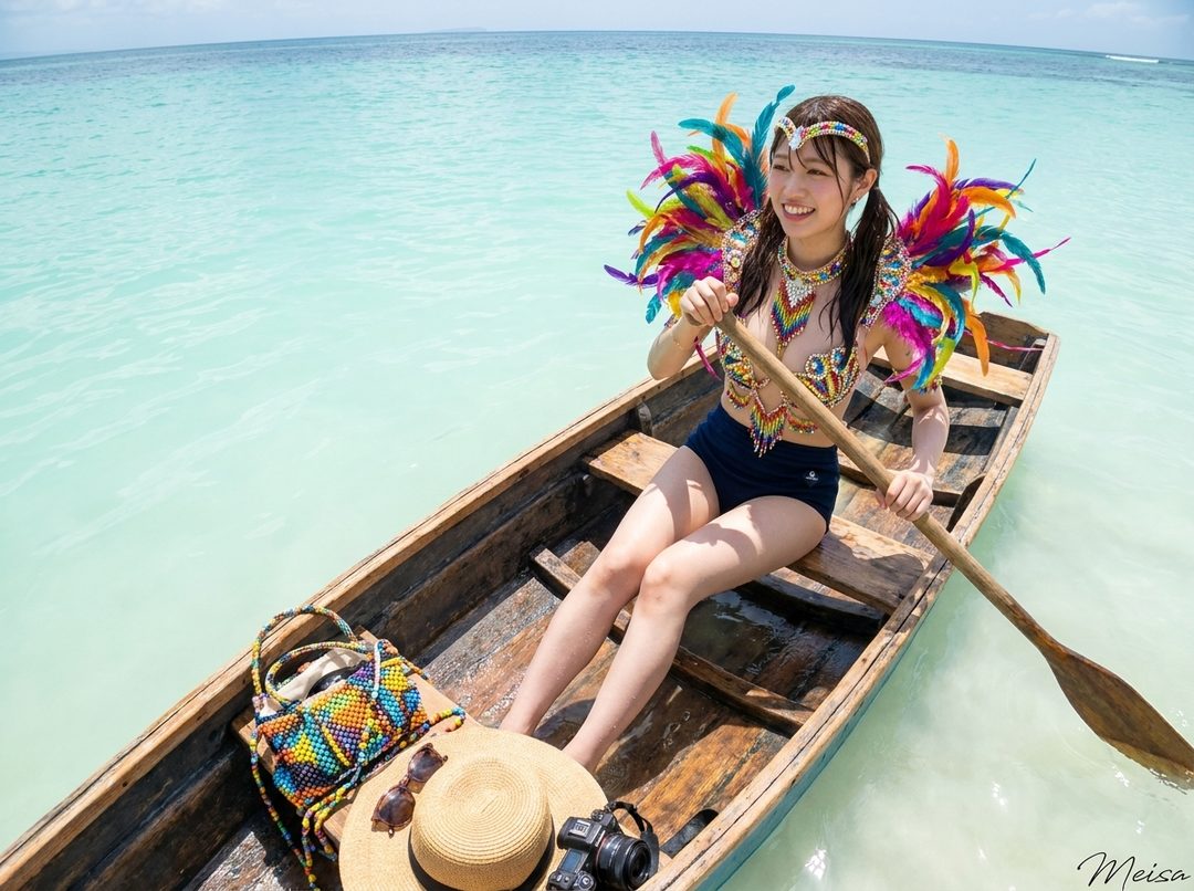 A young woman in a colorful carnival-style bikini and headdress sits in a wooden boat on turquoise water, holding a paddle.