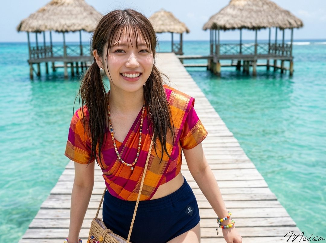 A young woman with brown hair in pigtails smiles on a wooden pier over turquoise water, wearing a colorful top and navy shorts.