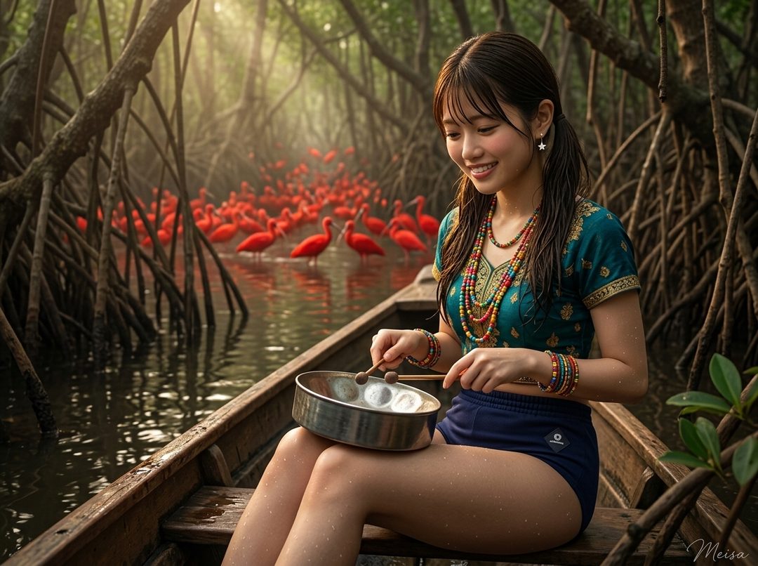 A young woman with pigtails sits in a wooden boat in a mangrove forest, playing a small drum, with a flock of red ibises in the background.