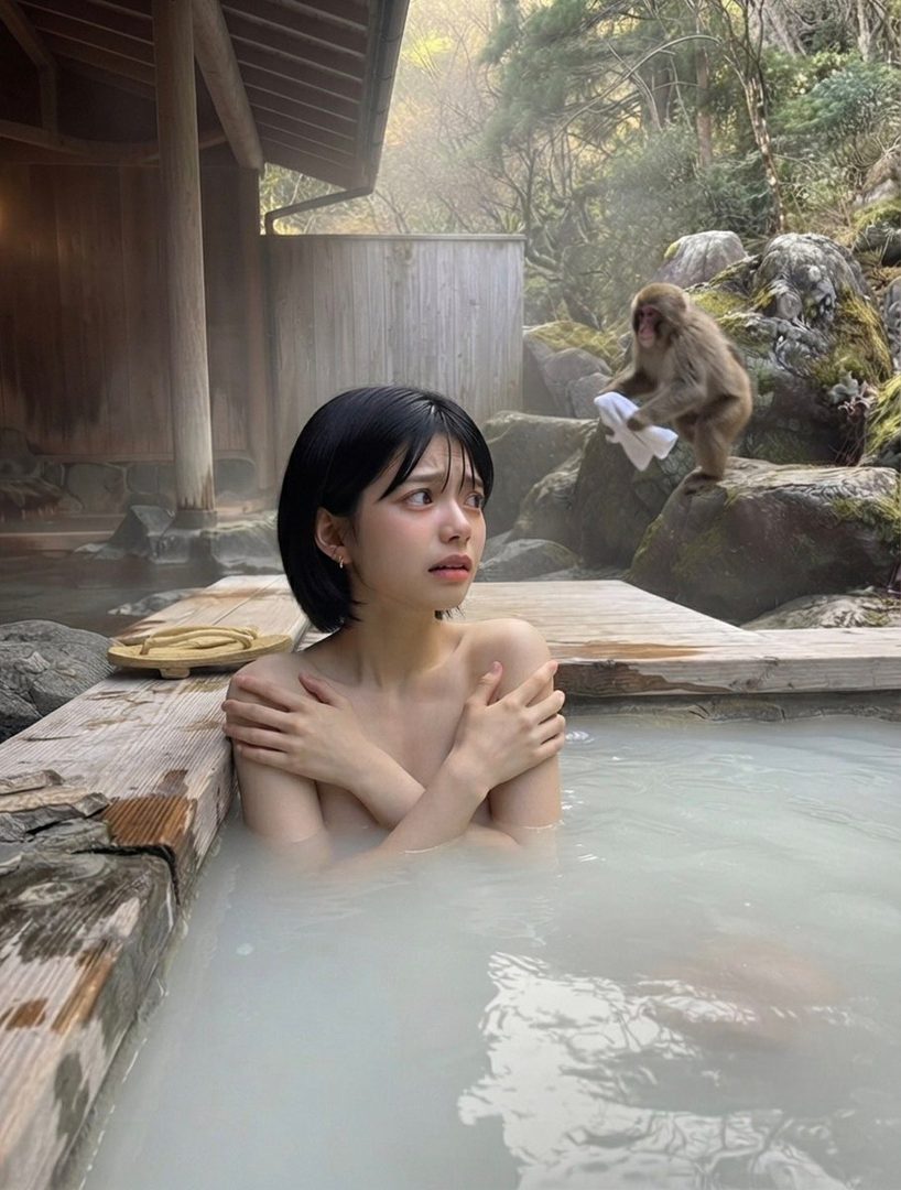 A young woman with short black hair sits in a steaming outdoor hot spring, looking surprised as a monkey with a towel sits on a rock nearby.