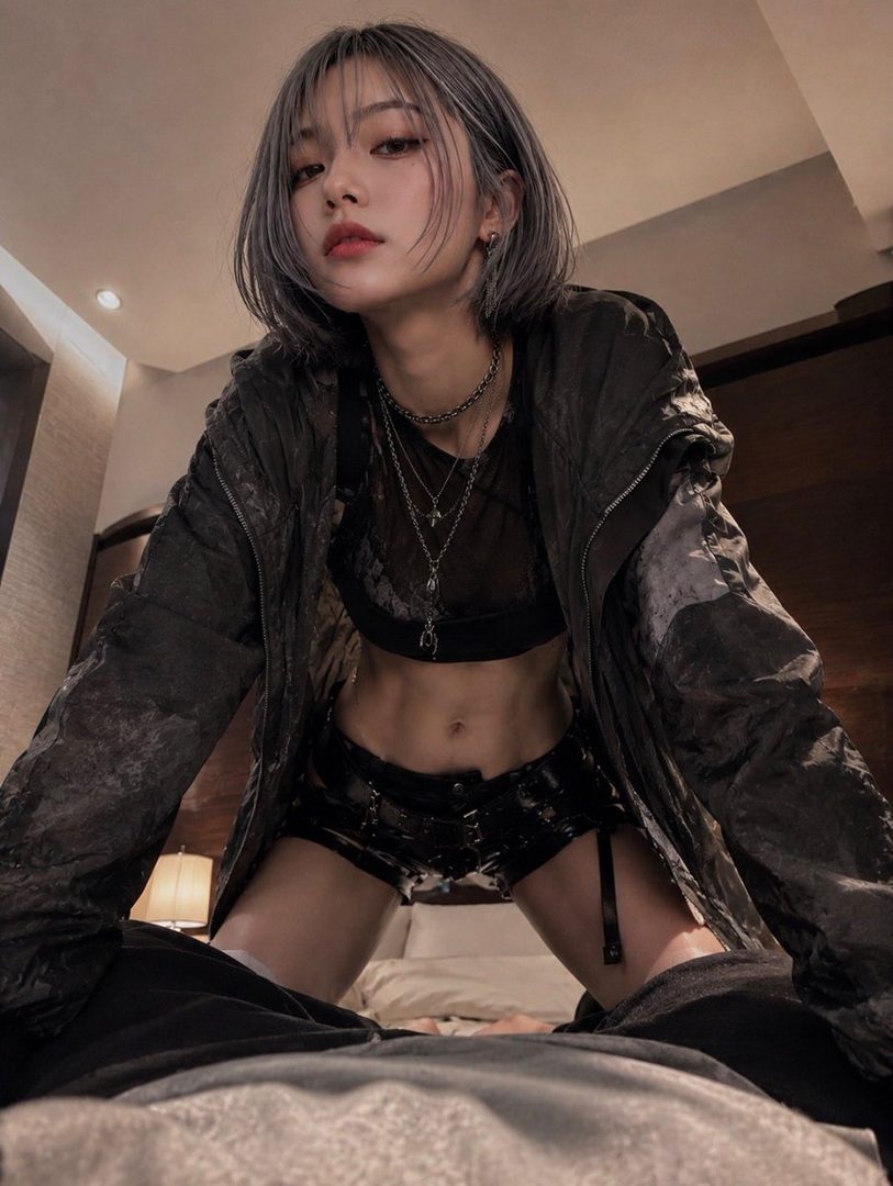 A young woman with short, silver hair poses provocatively on a bed, wearing a black crop top and shorts.