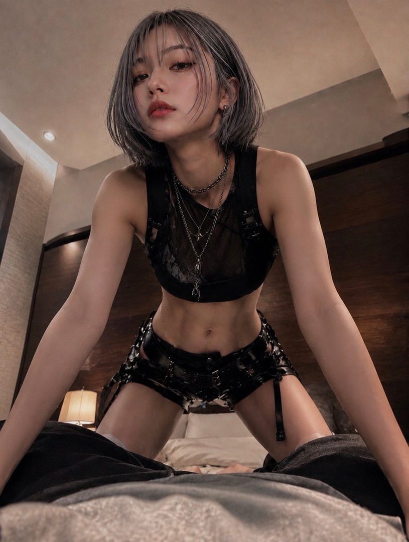 A young woman with short, silver hair and striking makeup poses provocatively on a bed, wearing a black crop top and revealing shorts.