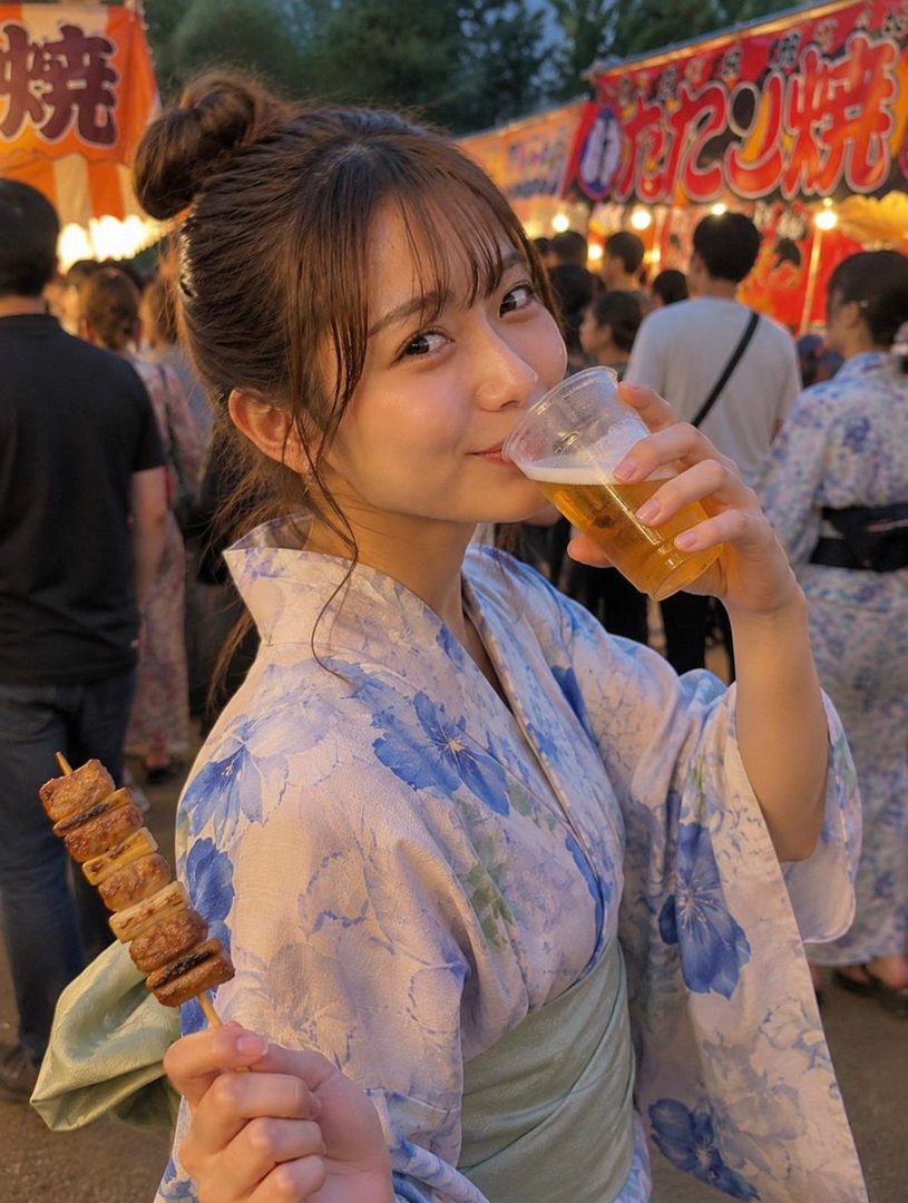 A young woman in a blue floral yukata drinks beer and holds a skewer of food at a summer festival.