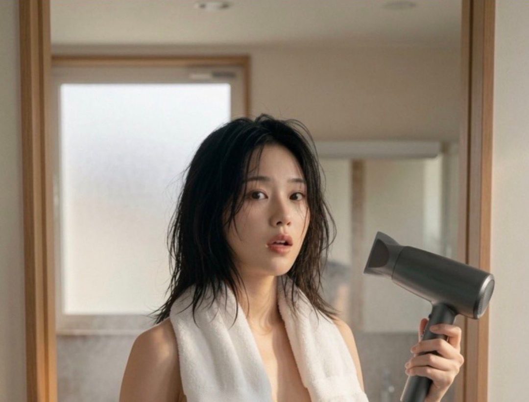 A young woman with wet black hair and a towel around her shoulders holds a hairdryer, looking towards the camera.