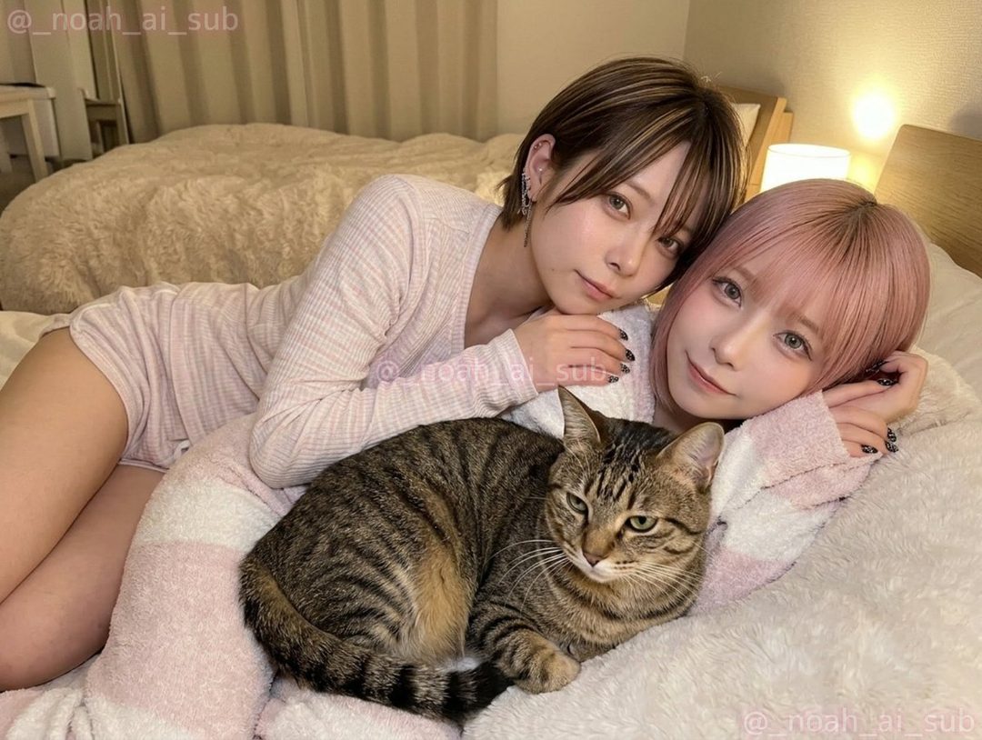 Two young women in pajamas are lying on a bed with a tabby cat, one with brown hair and the other with pink hair, looking at the camera.