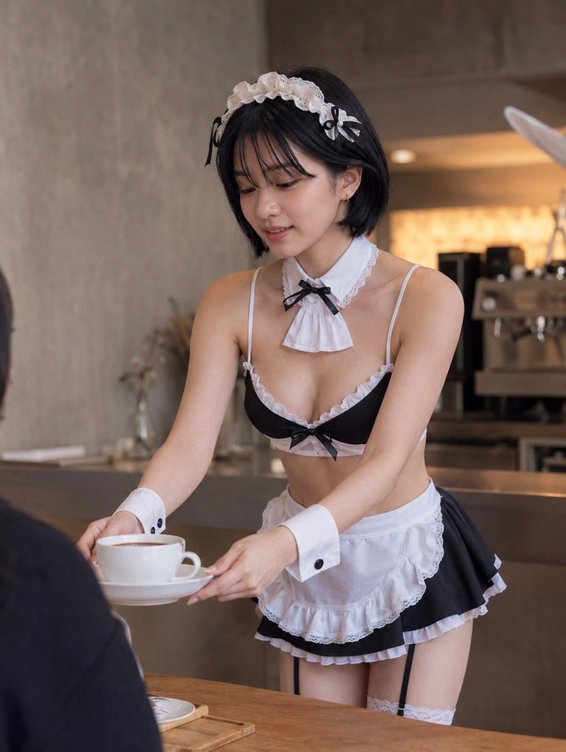 A young woman in a maid outfit serves coffee in a cafe.