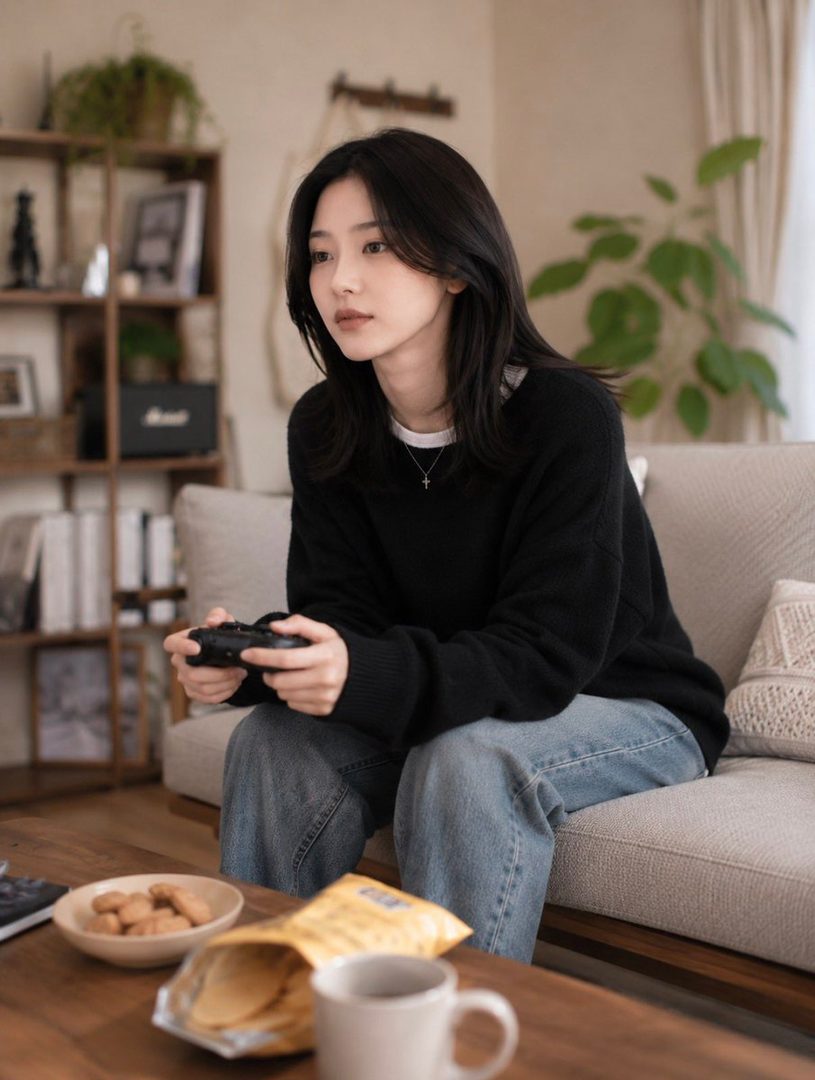 A young East Asian woman with long black hair, wearing a black sweater and jeans, plays a video game controller while sitting on a couch in a cozy living room.