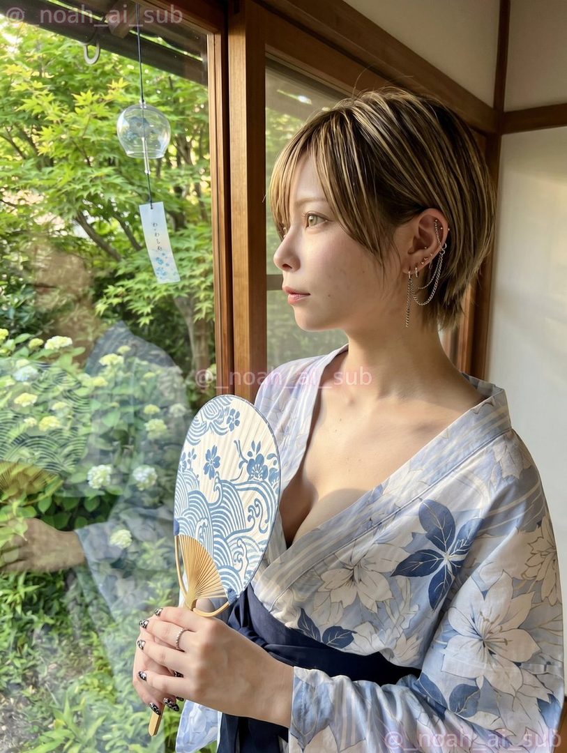 A woman with short blonde hair and multiple ear piercings wears a blue and white floral yukata, holding a traditional fan, as she gazes out a window at lush green foliage and a wind chime.