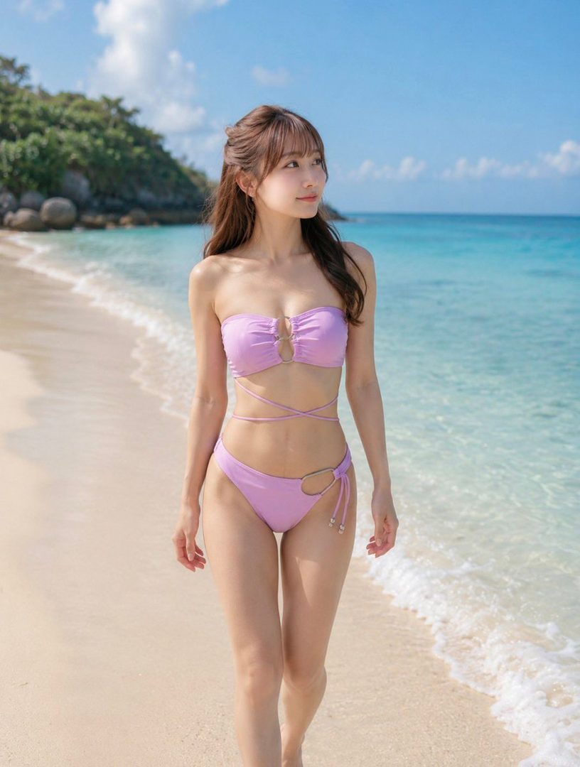 A young woman in a light purple bikini walks along a tropical beach with clear blue water and a sandy shore.