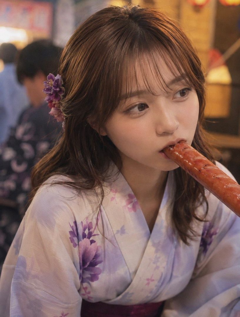 A young woman in a yukata eats a sausage.