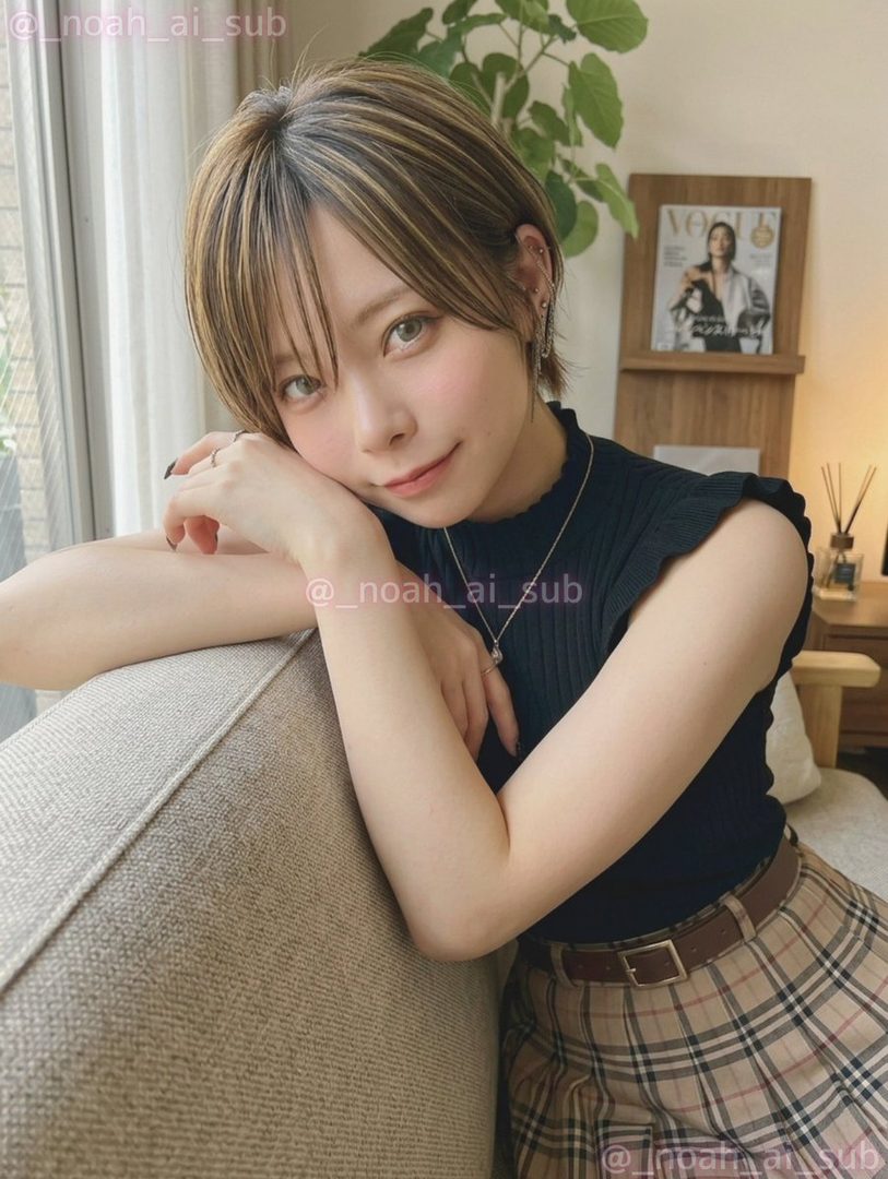 A young woman with short brown hair and highlights, wearing a black sleeveless top and a plaid skirt, poses casually indoors.
