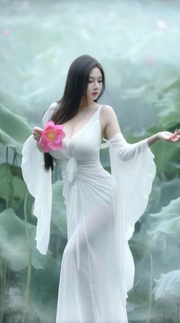 A beautiful East Asian woman in a flowing white dress holds a pink lotus flower, standing amidst lush greenery.