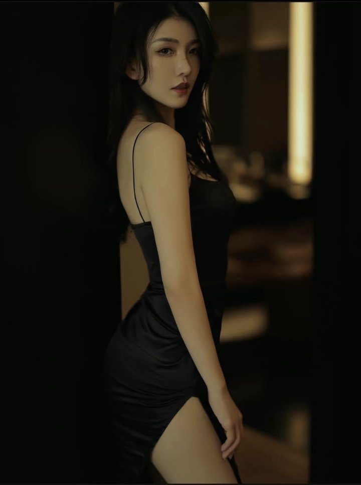 A beautiful East Asian woman with long black hair, wearing a black slip dress with a high slit, posing indoors.