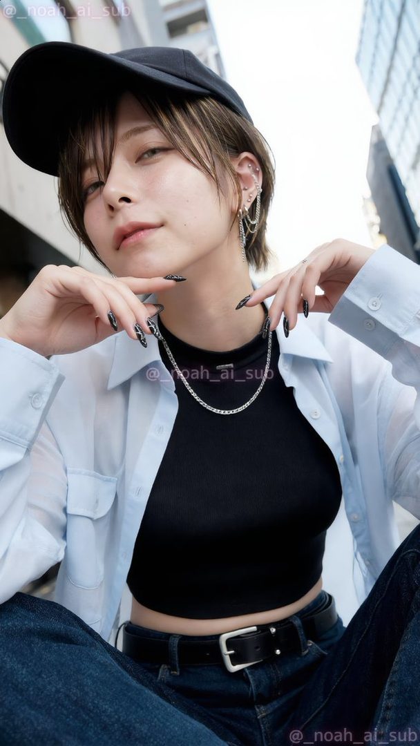 A stylish person with short brown hair and a black baseball cap, wearing a black crop top, light blue button-up shirt, and jeans, posing outdoors in an urban setting.